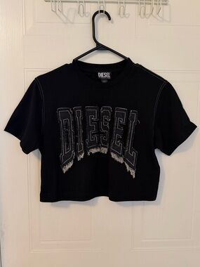 Diesel Black T-Shirt with White Frayed Stitching Detail